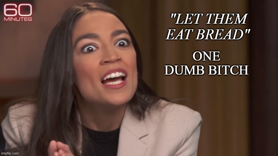 AOC | "LET THEM EAT BREAD"; ONE DUMB BITCH | image tagged in aoc,inspirational quote | made w/ Imgflip meme maker