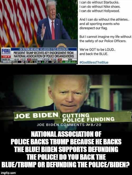 Do You Back The Blue/Trump or Defunding The Police/Biden? | NATIONAL ASSOCIATION OF POLICE BACKS TRUMP BECAUSE HE BACKS THE BLUE! BIDEN SUPPORTS DEFUNDING THE POLICE! DO YOU BACK THE BLUE/TRUMP OR DEFUNDING THE POLICE/BIDEN? | image tagged in stupid liberals,biden,trump,police | made w/ Imgflip meme maker