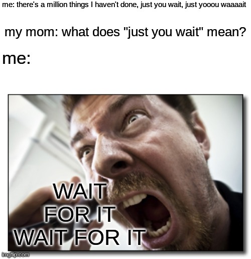 Why not? | me: there's a million things I haven't done, just you wait, just yooou waaaait; my mom: what does "just you wait" mean? me:; WAIT FOR IT WAIT FOR IT | image tagged in memes,shouter | made w/ Imgflip meme maker