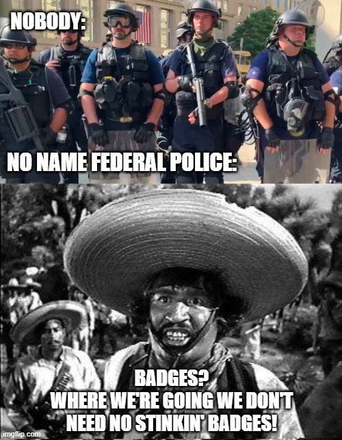 Trump Troopers Secret Police. Collect them all! | NOBODY:; NO NAME FEDERAL POLICE:; BADGES?
WHERE WE'RE GOING WE DON'T NEED NO STINKIN' BADGES! | image tagged in badges,federal police,nobody,trump | made w/ Imgflip meme maker