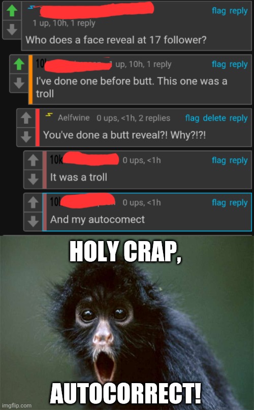 HOLY CRAP, AUTOCORRECT! | image tagged in holy crap monkey,autocorrect,fails,cursed,comments | made w/ Imgflip meme maker