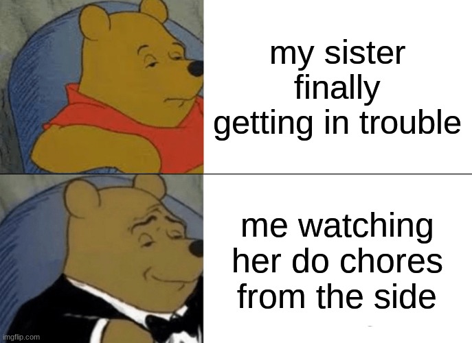Tuxedo Winnie The Pooh | my sister finally getting in trouble; me watching her do chores from the side | image tagged in memes,tuxedo winnie the pooh | made w/ Imgflip meme maker