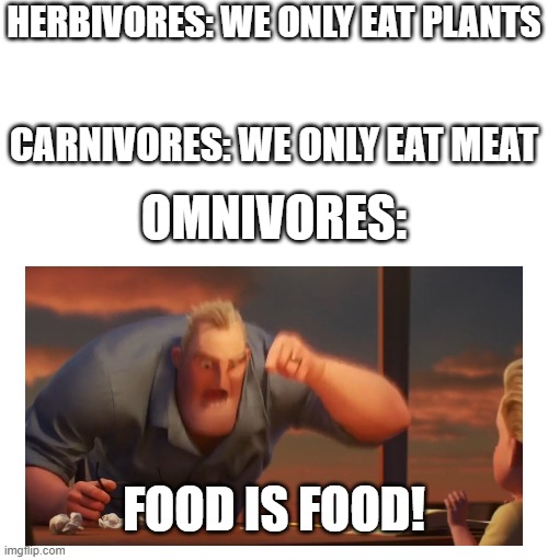 Math Is Math meme |  HERBIVORES: WE ONLY EAT PLANTS; CARNIVORES: WE ONLY EAT MEAT; OMNIVORES:; FOOD IS FOOD! | image tagged in math is math meme | made w/ Imgflip meme maker