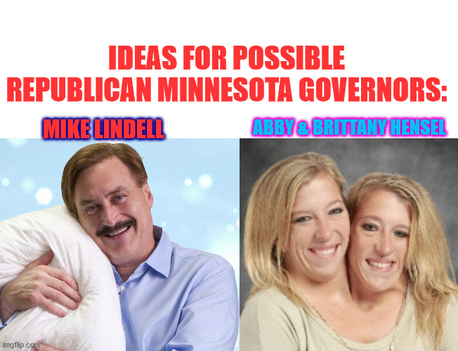Just a thought... | IDEAS FOR POSSIBLE REPUBLICAN MINNESOTA GOVERNORS:; ABBY & BRITTANY HENSEL; MIKE LINDELL | image tagged in republican,governor,minnesota,twins,pillow | made w/ Imgflip meme maker