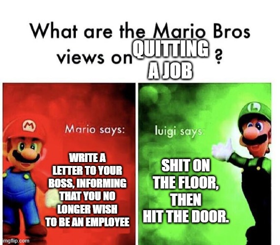 Mario Bros Views | QUITTING A JOB; WRITE A LETTER TO YOUR BOSS, INFORMING THAT YOU NO LONGER WISH TO BE AN EMPLOYEE; SHIT ON THE FLOOR, THEN HIT THE DOOR. | image tagged in mario bros views | made w/ Imgflip meme maker