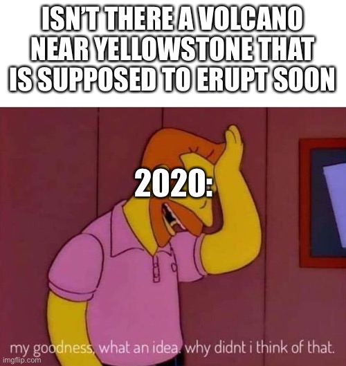 my goodness what an idea why didn't I think of that | ISN’T THERE A VOLCANO NEAR YELLOWSTONE THAT IS SUPPOSED TO ERUPT SOON; 2020: | image tagged in my goodness what an idea why didn't i think of that | made w/ Imgflip meme maker