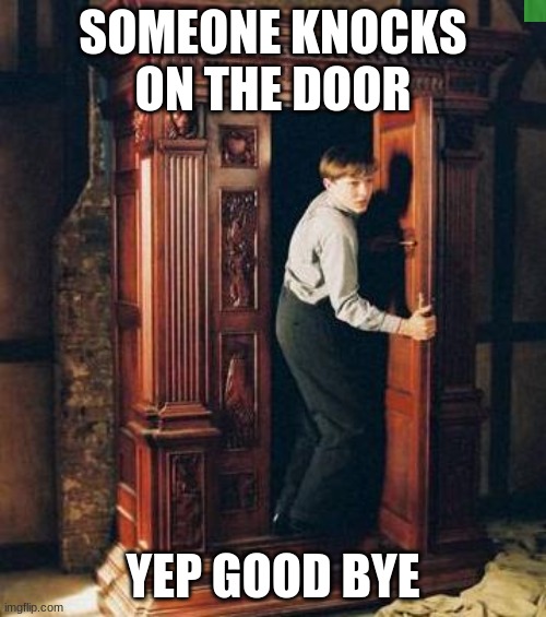Narnia Guy | SOMEONE KNOCKS ON THE DOOR; YEP GOOD BYE | image tagged in narnia guy | made w/ Imgflip meme maker