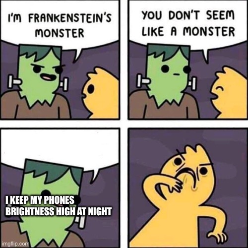 frankenstein's monster | I KEEP MY PHONES BRIGHTNESS HIGH AT NIGHT | image tagged in frankenstein's monster | made w/ Imgflip meme maker