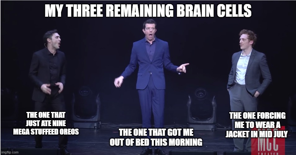 my three remaining brain cells | MY THREE REMAINING BRAIN CELLS; THE ONE THAT JUST ATE NINE MEGA STUFFEED OREOS; THE ONE FORCING ME TO WEAR A JACKET IN MID JULY; THE ONE THAT GOT ME OUT OF BED THIS MORNING | image tagged in dumb meme | made w/ Imgflip meme maker