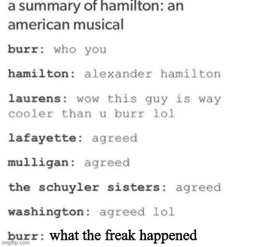 hamilton summary | what the freak happened | image tagged in memes,funny,repost,hamilton | made w/ Imgflip meme maker