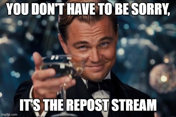 Leonardo Dicaprio Cheers Meme | YOU DON'T HAVE TO BE SORRY, IT'S THE REPOST STREAM | image tagged in memes,leonardo dicaprio cheers | made w/ Imgflip meme maker