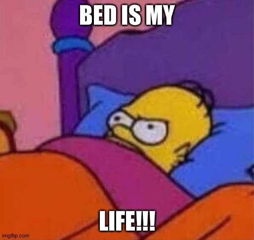 angry homer simpson in bed | BED IS MY LIFE!!! | image tagged in angry homer simpson in bed | made w/ Imgflip meme maker