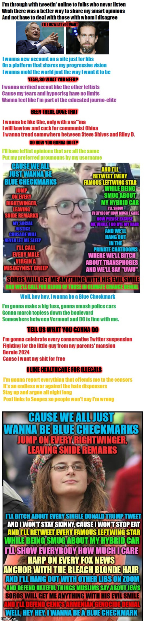 Full version |  TELL US WHAT YOU WANT; YEAH, SO WHAT YOU NEED? BEEN THERE, DONE THAT; SO HOW YOU GONNA DO IT? TELL US WHAT YOU GONNA DO; I LIKE HEALTHCARE FOR ILLEGALS | image tagged in memes,college liberal,leftist,twitter,parody,nickelback | made w/ Imgflip meme maker