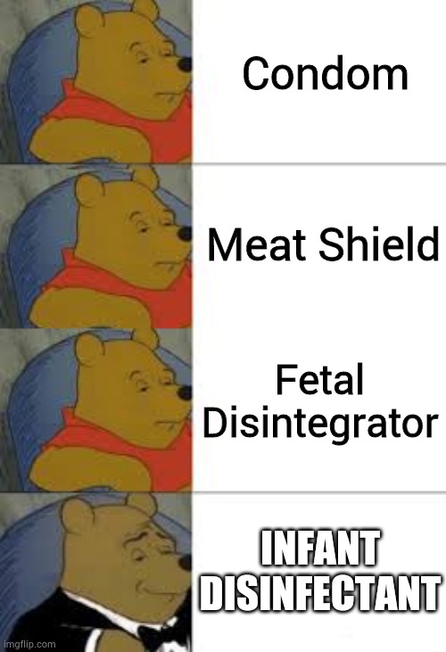 Fun. | Condom; Meat Shield; Fetal Disintegrator; INFANT DISINFECTANT | image tagged in winnie the pooh | made w/ Imgflip meme maker