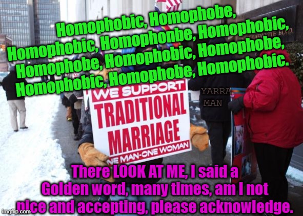 Homophobic | Homophobic, Homophobe, Homophobic, Homophonbe, Homophobic, Homophobe, Homophobic, Homophobe, Homophobic, Homophobe, Homophobic. YARRA MAN; There LOOK AT ME, I said a Golden word, many times, am I not nice and accepting, please acknowledge. | image tagged in homophobic | made w/ Imgflip meme maker