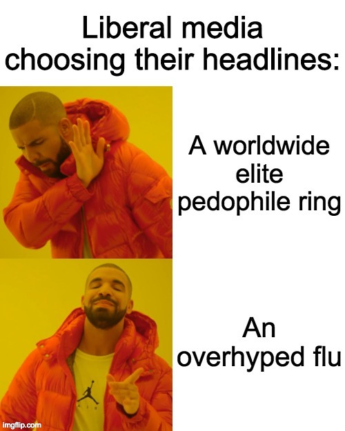 The fact that an overhyped flu has more attention than a worldwide elite pedophile ring genuinely scares me | image tagged in funny,memes,politics,drake hotline bling | made w/ Imgflip meme maker