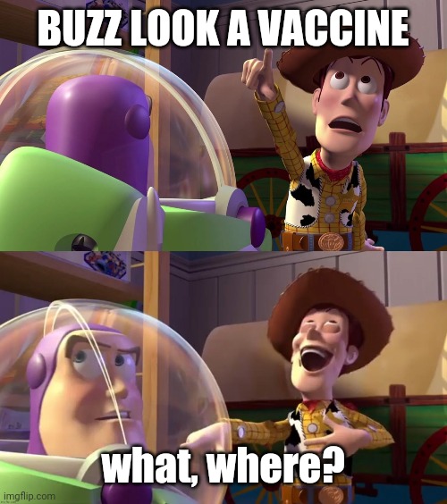 Toy Story funny scene | BUZZ LOOK A VACCINE; what, where? | image tagged in toy story funny scene,memes,coronavirus,covid-19,vaccines | made w/ Imgflip meme maker