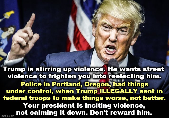 Trump broke the Constitution again. | Trump is stirring up violence. He wants street 
violence to frighten you into reelecting him. Police in Portland, Oregon, had things under control, when Trump ILLEGALLY sent in federal troops to make things worse, not better. Your president is inciting violence, not calming it down. Don't reward him. | image tagged in trump,illegal,constitution,violence,election 2020,fear | made w/ Imgflip meme maker