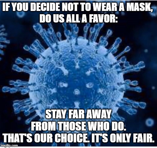 Masks | IF YOU DECIDE NOT TO WEAR A MASK, 
DO US ALL A FAVOR:; STAY FAR AWAY
FROM THOSE WHO DO.
THAT'S OUR CHOICE. IT'S ONLY FAIR. | image tagged in wear a mask | made w/ Imgflip meme maker