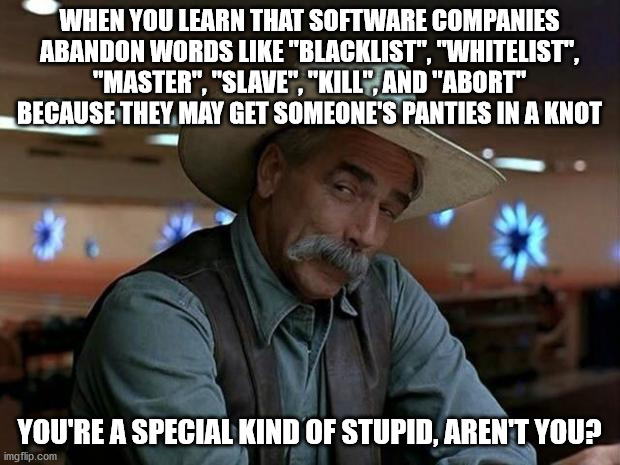 No, I'm not kidding! :-( | WHEN YOU LEARN THAT SOFTWARE COMPANIES ABANDON WORDS LIKE "BLACKLIST", "WHITELIST", "MASTER", "SLAVE", "KILL", AND "ABORT" BECAUSE THEY MAY GET SOMEONE'S PANTIES IN A KNOT; YOU'RE A SPECIAL KIND OF STUPID, AREN'T YOU? | image tagged in special kind of stupid,blacklist,whitelist,idiocy,political correctness | made w/ Imgflip meme maker