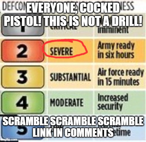 his name is KewlKirby. i will add several links to shut him down. also, someone go get the hitmen. | EVERYONE, COCKED PISTOL! THIS IS NOT A DRILL! SCRAMBLE SCRAMBLE SCRAMBLE
LINK IN COMMENTS | image tagged in defcon | made w/ Imgflip meme maker