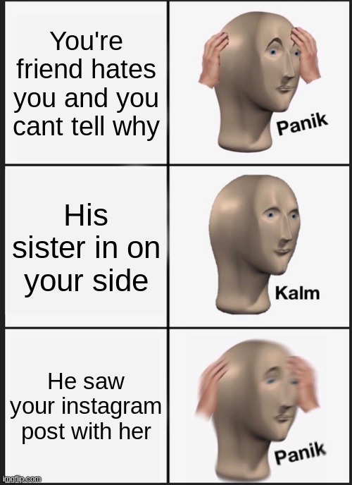 Panik Kalm Panik Meme | You're friend hates you and you cant tell why; His sister in on your side; He saw your instagram post with her | image tagged in memes,panik kalm panik | made w/ Imgflip meme maker