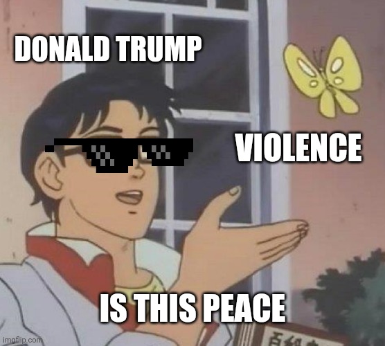 Is This A Pigeon | DONALD TRUMP; VIOLENCE; IS THIS PEACE | image tagged in memes,is this a pigeon | made w/ Imgflip meme maker