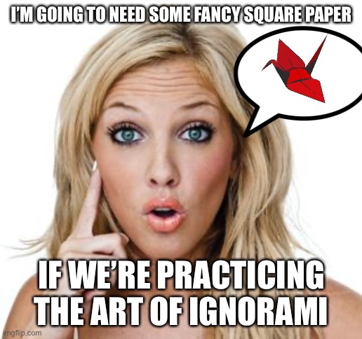 Dumb blonde | I’M GOING TO NEED SOME FANCY SQUARE PAPER IF WE’RE PRACTICING THE ART OF IGNORAMI | image tagged in dumb blonde | made w/ Imgflip meme maker