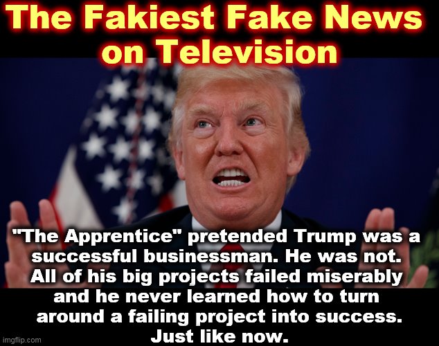All the Genovese and Gambino crime families and Putin's mafia still couldn't make Trump competent. | The Fakiest Fake News 
on Television; "The Apprentice" pretended Trump was a 
successful businessman. He was not. 
All of his big projects failed miserably 
and he never learned how to turn 
around a failing project into success.
Just like now. | image tagged in trump dilated hands up showing teeth,trump,incompetence,fail,failure,bankruptcy | made w/ Imgflip meme maker