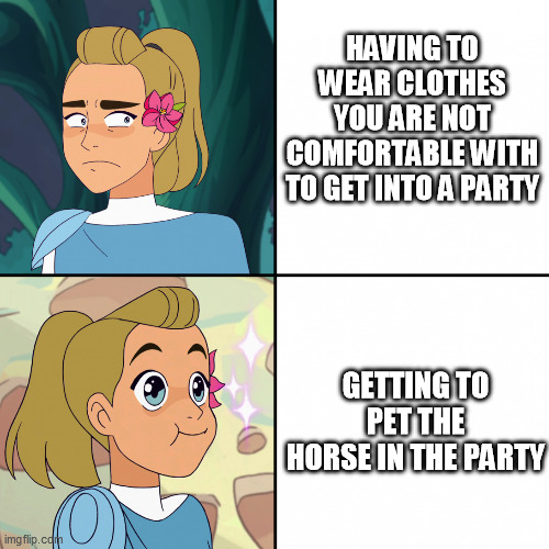 Adora and parties | HAVING TO WEAR CLOTHES YOU ARE NOT COMFORTABLE WITH TO GET INTO A PARTY; GETTING TO PET THE HORSE IN THE PARTY | image tagged in adora yes no,relatable,party,pets,animals,clothes | made w/ Imgflip meme maker