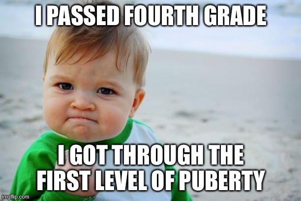 Alright | I PASSED FOURTH GRADE; I GOT THROUGH THE FIRST LEVEL OF PUBERTY | image tagged in memes,success kid original | made w/ Imgflip meme maker