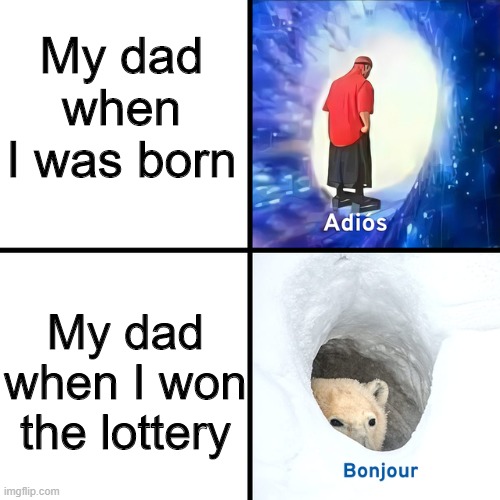 Adios, Bonjour |  My dad when I was born; My dad when I won the lottery | image tagged in adios bonjour,memes,funny,dad,lottery | made w/ Imgflip meme maker