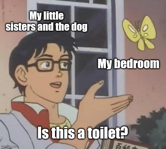 Is This A Pigeon | My little sisters and the dog; My bedroom; Is this a toilet? | image tagged in memes,is this a pigeon | made w/ Imgflip meme maker