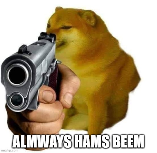 Gun Cheems | ALMWAYS HAMS BEEM | image tagged in gun cheems | made w/ Imgflip meme maker