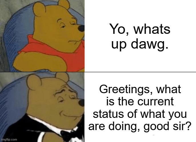 Tuxedo Winnie The Pooh | Yo, whats up dawg. Greetings, what is the current status of what you are doing, good sir? | image tagged in memes,tuxedo winnie the pooh | made w/ Imgflip meme maker