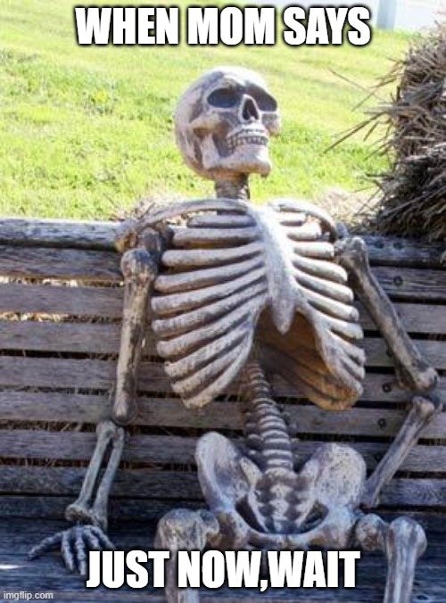 Mom killed me | WHEN MOM SAYS; JUST NOW,WAIT | image tagged in memes,waiting skeleton | made w/ Imgflip meme maker