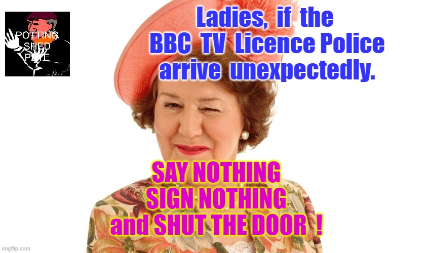 Ban the BBC Licence Fee | Ladies,  if  the  BBC  TV  Licence Police
arrive  unexpectedly. SAY NOTHING
SIGN NOTHING
and SHUT THE DOOR  ! | image tagged in shout it from the mountain tops | made w/ Imgflip meme maker