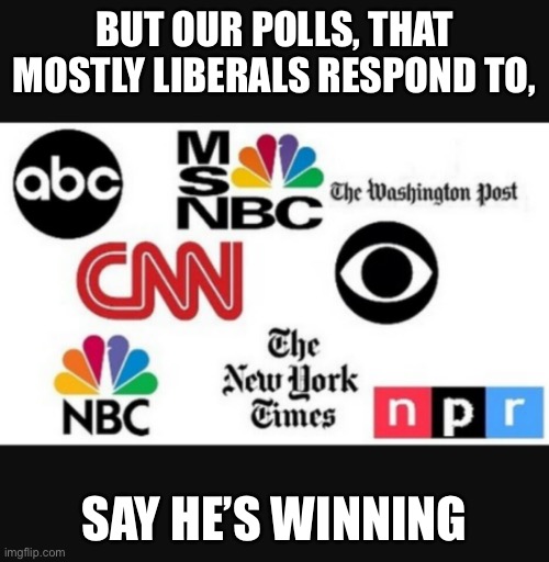 Media lies | BUT OUR POLLS, THAT MOSTLY LIBERALS RESPOND TO, SAY HE’S WINNING | image tagged in media lies | made w/ Imgflip meme maker