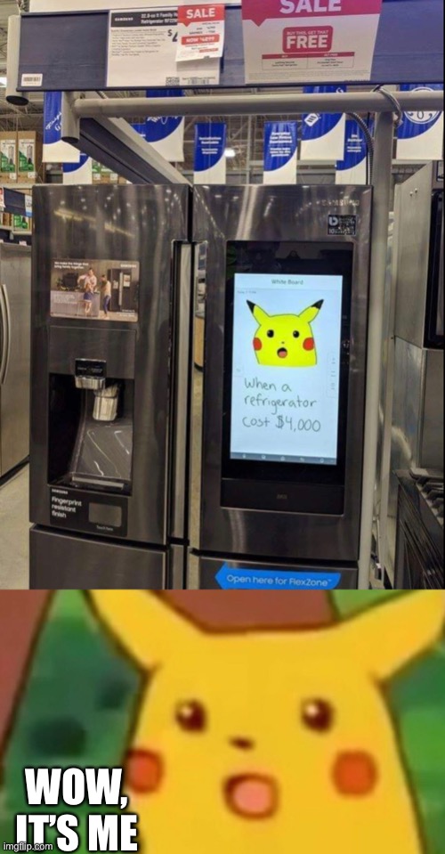 A 4000 dollar fridge? It looks pretty cool! | WOW, IT’S ME | image tagged in memes,surprised pikachu,fridge,funny memes,funny,refrigerator | made w/ Imgflip meme maker