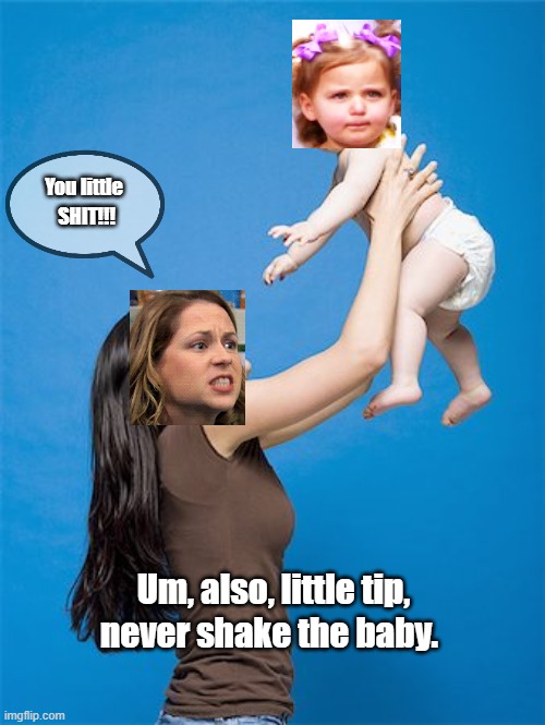 SHIT!!! You little; never shake the baby. Um, also, little tip, | image tagged in funny | made w/ Imgflip meme maker