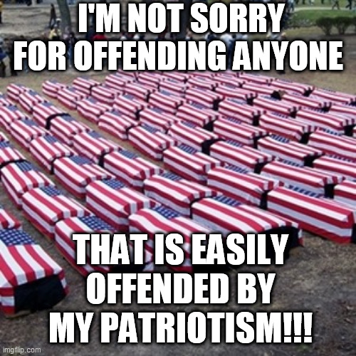 Patriotism | I'M NOT SORRY FOR OFFENDING ANYONE; THAT IS EASILY OFFENDED BY MY PATRIOTISM!!! | image tagged in patriot,democrat,republican,trump,memes,america | made w/ Imgflip meme maker