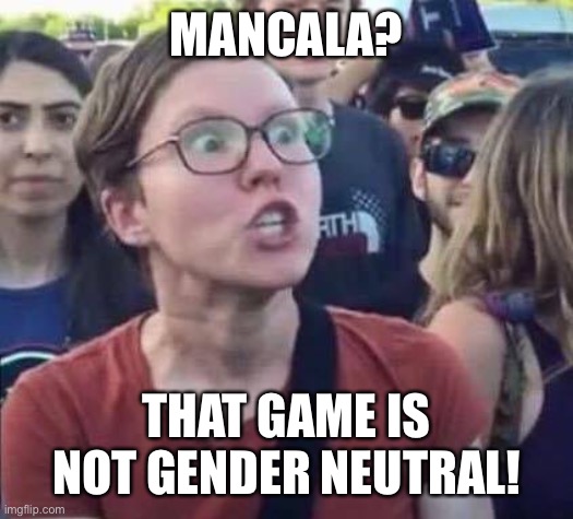 Angry Liberal | MANCALA? THAT GAME IS NOT GENDER NEUTRAL! | image tagged in angry liberal | made w/ Imgflip meme maker