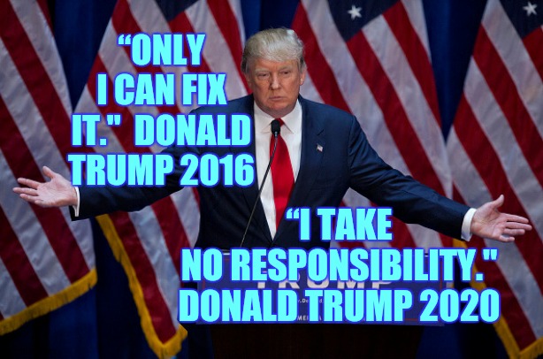Donald Trump In A Nutshell | “I TAKE NO RESPONSIBILITY."  DONALD TRUMP 2020; “ONLY I CAN FIX IT."  DONALD TRUMP 2016 | image tagged in donald trump,trump unfit unqualified dangerous,liar in chief,lock him up,treason,memes | made w/ Imgflip meme maker
