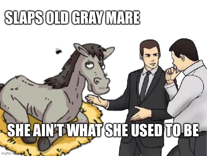 Mare Salesman | SLAPS OLD GRAY MARE; SHE AIN’T WHAT SHE USED TO BE | image tagged in car salesman slaps roof of car,old gray mare | made w/ Imgflip meme maker