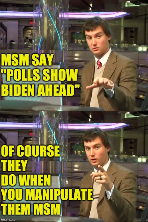 Michael Swaim MEME 1 | MSM SAY "POLLS SHOW BIDEN AHEAD" OF COURSE THEY DO WHEN YOU MANIPULATE THEM MSM | image tagged in michael swaim meme 1 | made w/ Imgflip meme maker