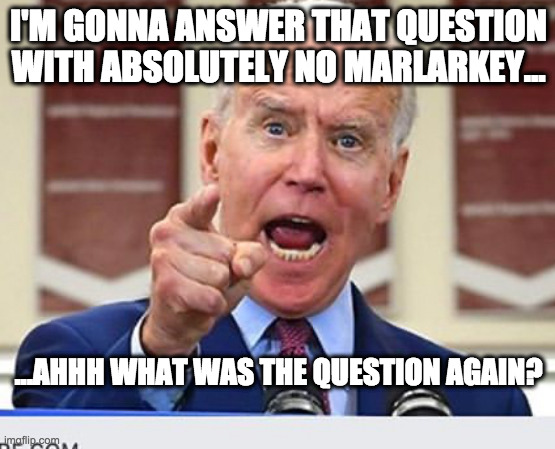 No marlarkey answers | I'M GONNA ANSWER THAT QUESTION WITH ABSOLUTELY NO MARLARKEY... ...AHHH WHAT WAS THE QUESTION AGAIN? | image tagged in joe biden no malarkey | made w/ Imgflip meme maker