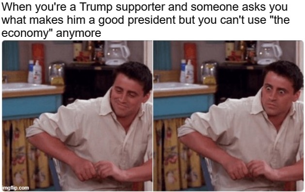 COVID - 1 Trump - 0 | When you're a Trump supporter and someone asks you
what makes him a good president but you can't use "the
economy" anymore | image tagged in joey from friends,covid-19,coronavirus,economy,trump,donald trump | made w/ Imgflip meme maker