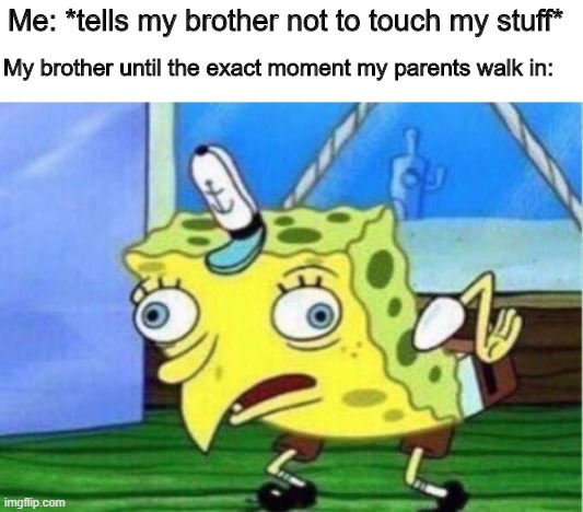 Mocking Spongebob | My brother until the exact moment my parents walk in:; Me: *tells my brother not to touch my stuff* | image tagged in memes,mocking spongebob,siblings,calling you out,quit it bro | made w/ Imgflip meme maker