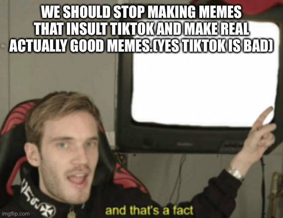 and that's a fact | WE SHOULD STOP MAKING MEMES THAT INSULT TIKTOK AND MAKE REAL ACTUALLY GOOD MEMES.(YES TIKTOK IS BAD) | image tagged in and that's a fact | made w/ Imgflip meme maker