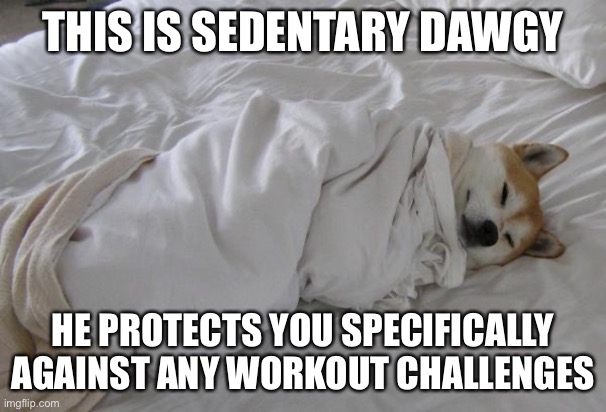 sleepy dog | THIS IS SEDENTARY DAWGY; HE PROTECTS YOU SPECIFICALLY AGAINST ANY WORKOUT CHALLENGES | image tagged in sleepy dog | made w/ Imgflip meme maker